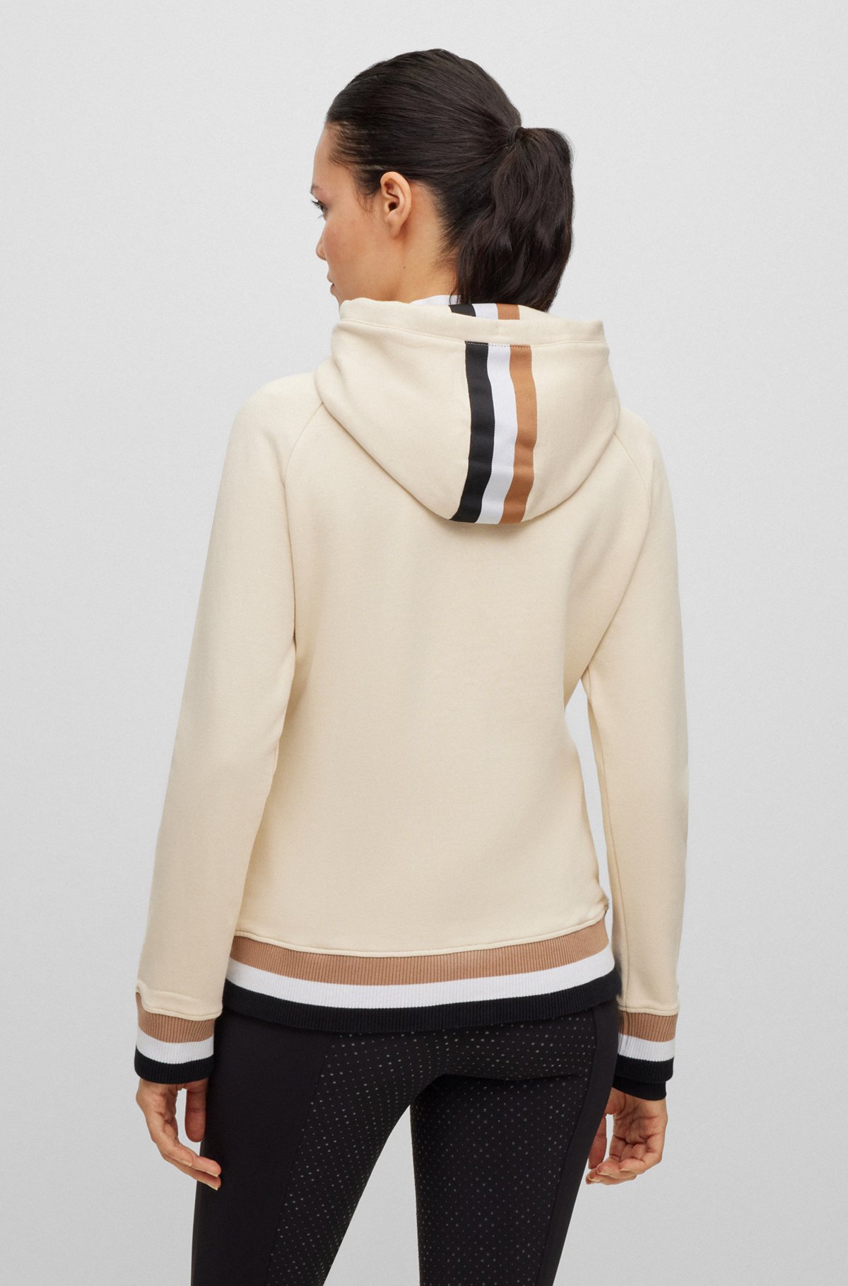 Katoenen hoodie voor ruitersport met rits en kenmerkende strepen, Beige
