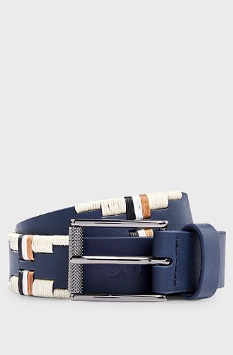 Equestrian belt with embroidery and signature stripe, Dark Blue