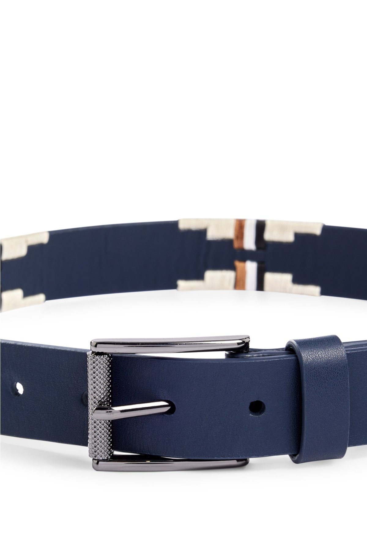 Equestrian belt with embroidery and signature stripe, Dark Blue