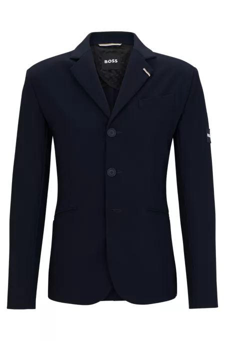 Equestrian show jacket with logo patch and signature stripe