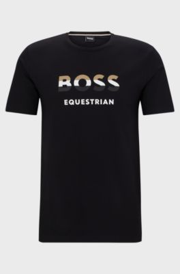 Reitsport-T-Shirt aus Stretch-Baumwolle mit Logo, Schwarz