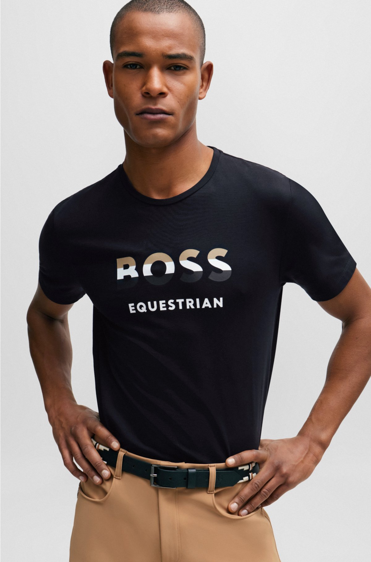 Equestrian short-sleeved stretch-cotton T-shirt with logo, Black