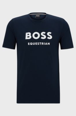 T-shirt da equitazione a maniche corte in cotone elasticizzato con logo, Blu scuro