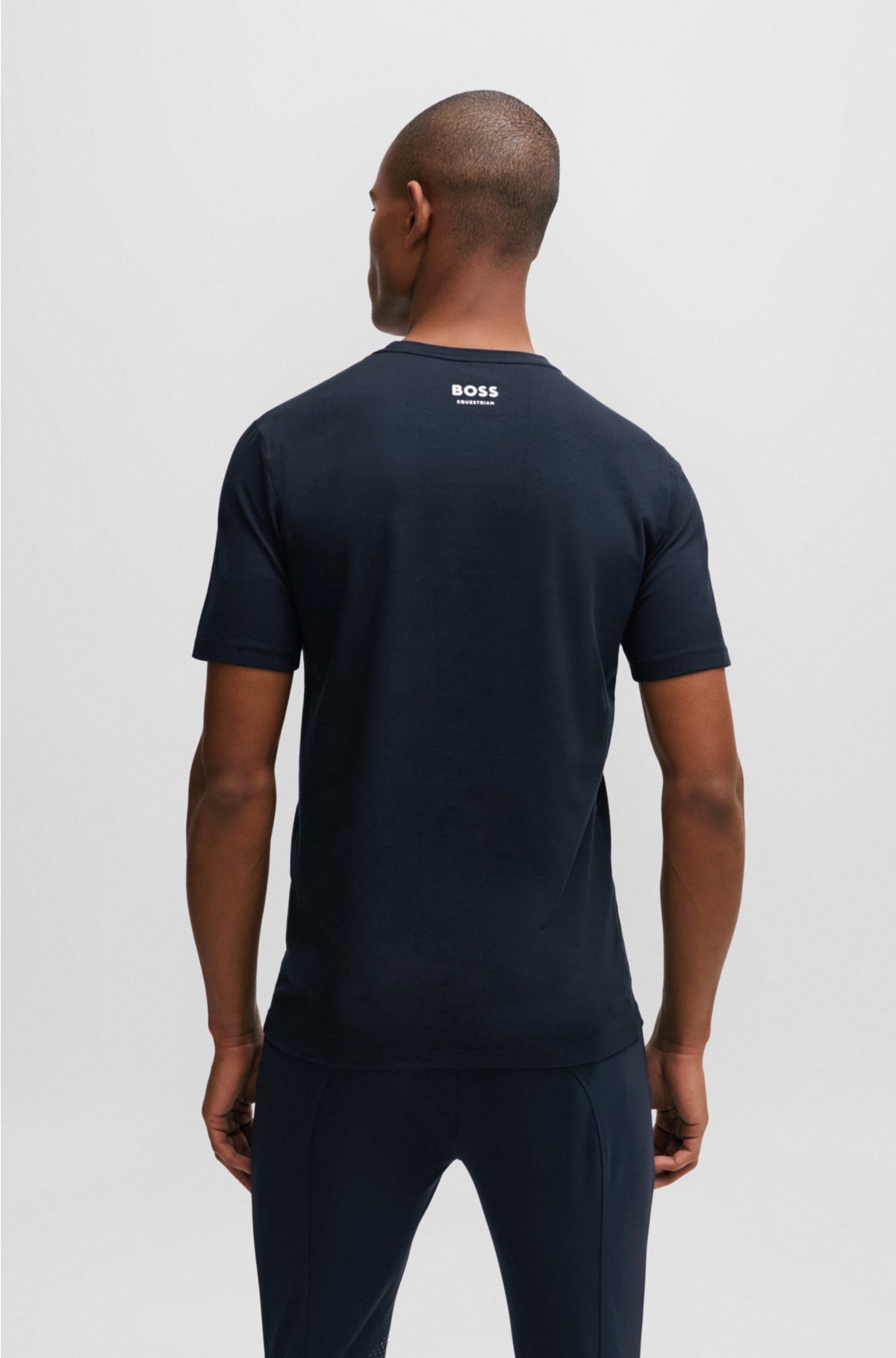 Equestrian short-sleeved stretch-cotton T-shirt with logo, Dark Blue