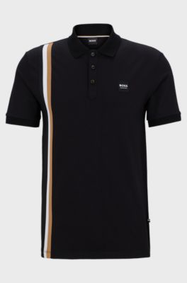 Equestrian stretch-cotton polo shirt with silicone logo patch, Black
