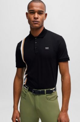 Reitsport-Poloshirt aus Stretch-Baumwolle mit Logo-Aufn&auml;her aus Silikon, Schwarz