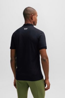 Reitsport-Poloshirt aus Stretch-Baumwolle mit Logo-Aufn&auml;her aus Silikon, Schwarz
