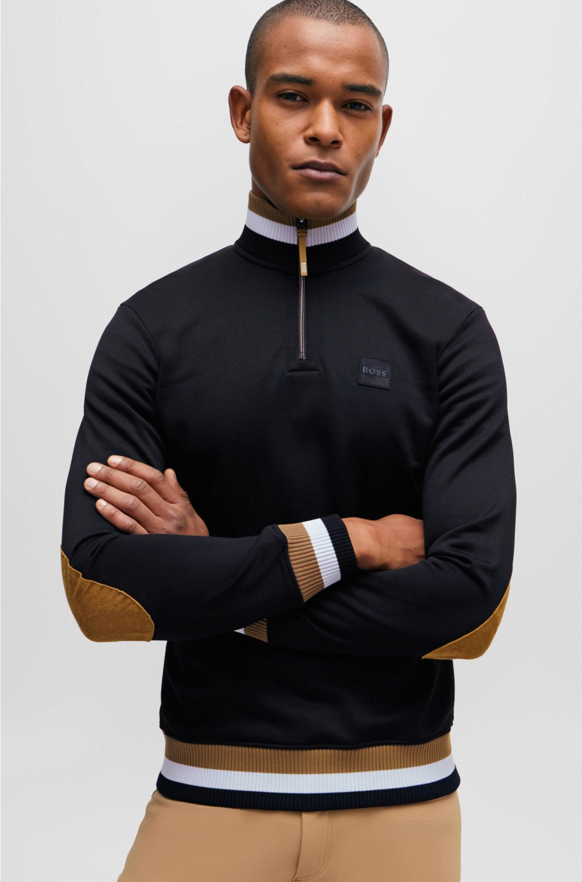 Equestrian sweater in black with signature stripes and logos, Black