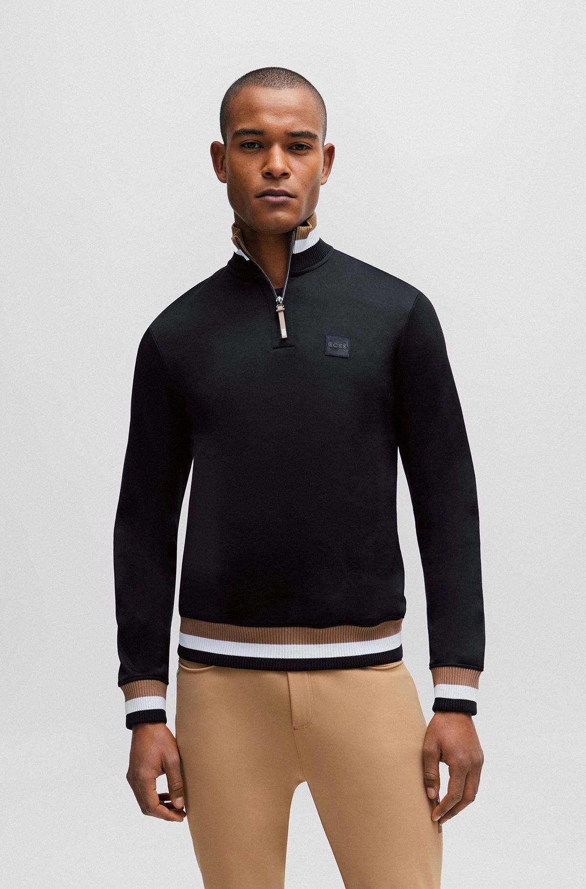 Equestrian sweater in black with signature stripes and logos, Black