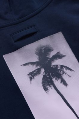Felpa con cappuccio da spiaggia per cane in cotone con stampa con palme, Blu scuro