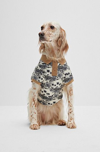 Dog polo shirt in cotton with palm-tree print, Light Beige