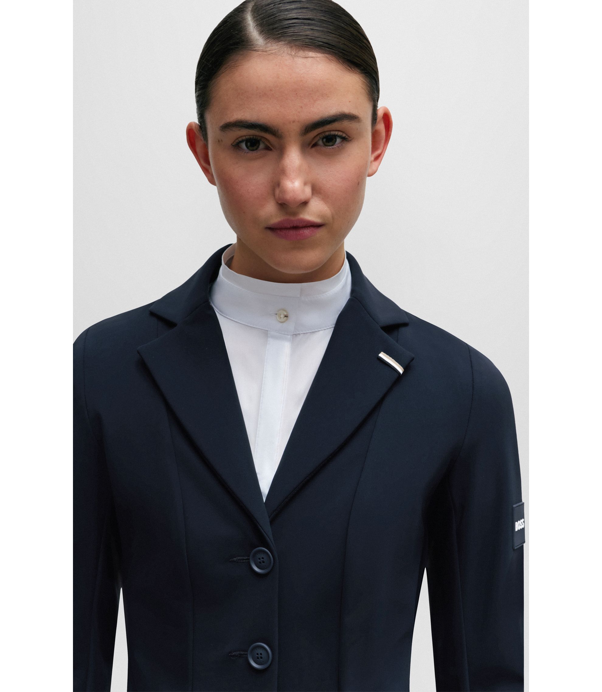 Casaca de exhibición para equitación con parche de logo Azul