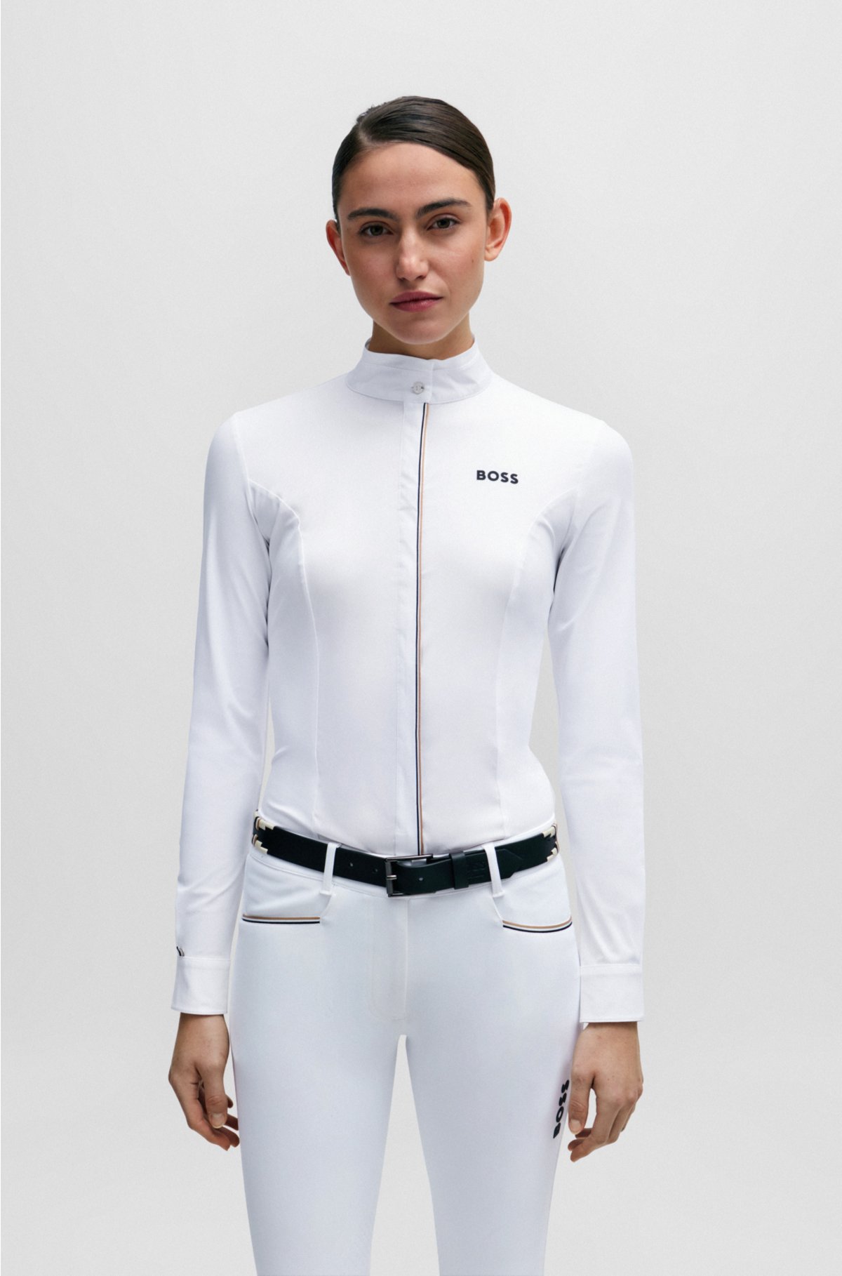 Equestrian show blouse with signature-stripe piping, White