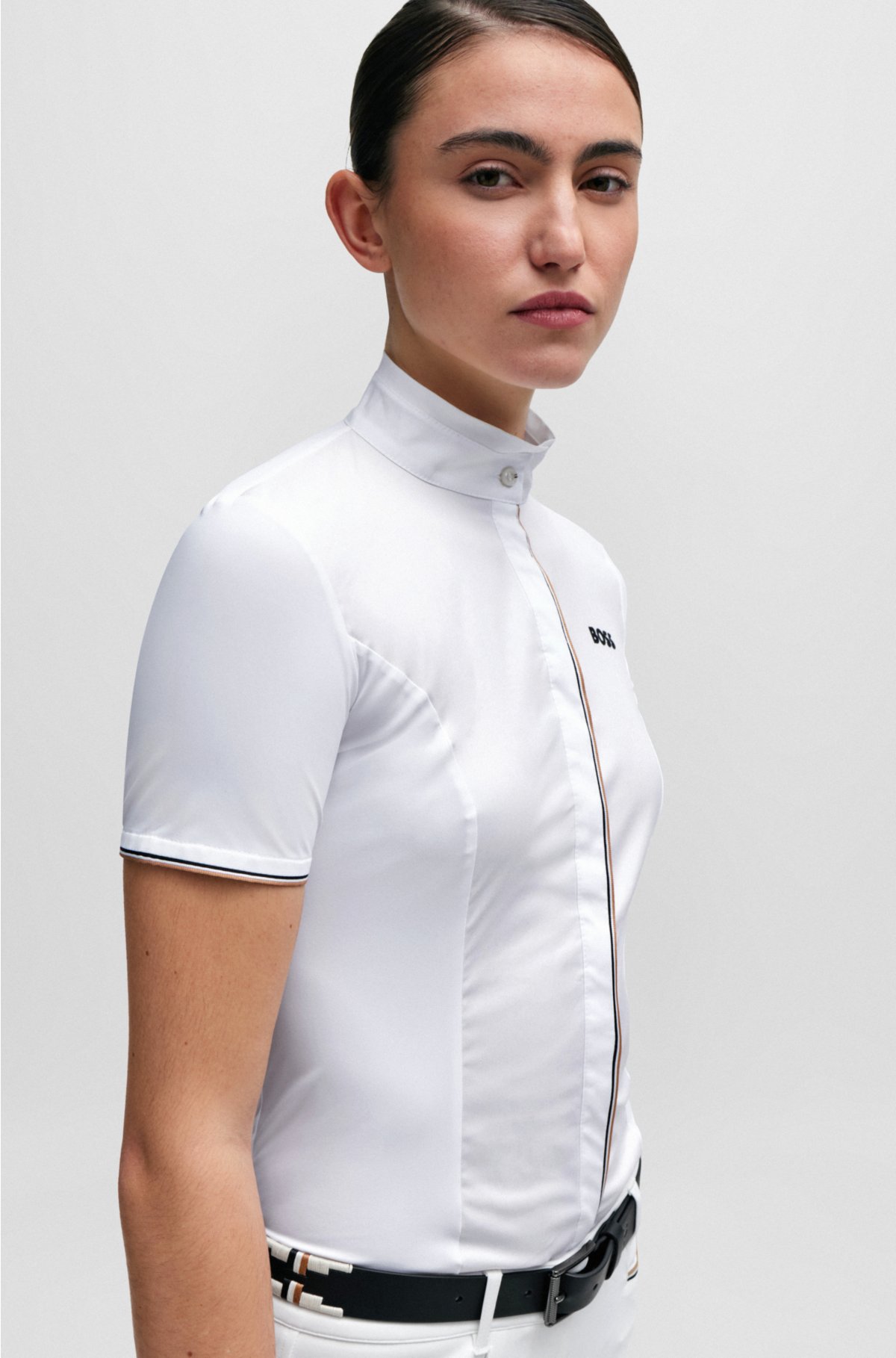 Equestrian show blouse with stretch-cotton middle, White