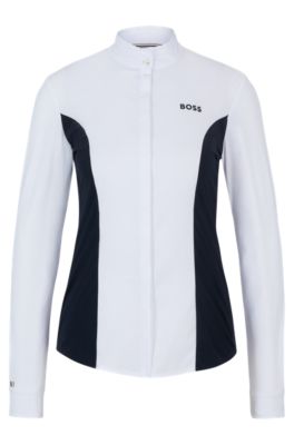 Equestrian show blouse with floral print and navy inserts, White