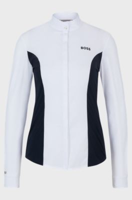 Equestrian show blouse with floral print and navy inserts, White