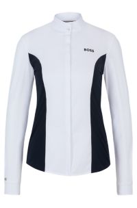 Chemisier de concours pour l&rsquo;&eacute;quitation avec imprim&eacute; &agrave; fleurs et empi&egrave;cements bleu marine, Blanc