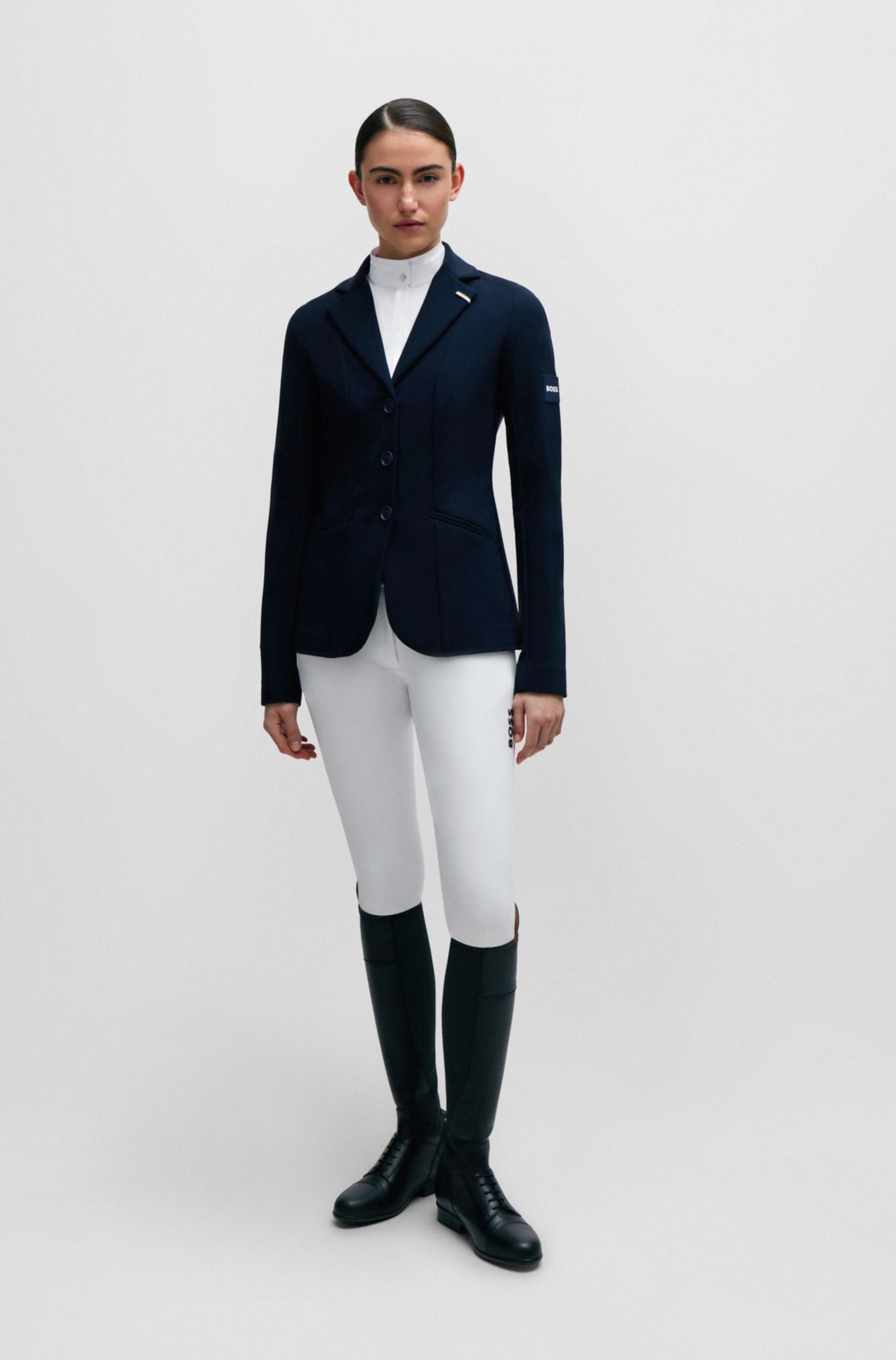 Equestrian show blouse with floral print and navy inserts, White