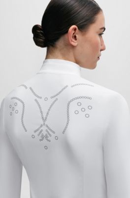 Equestrian show blouse with floral print and navy inserts, White