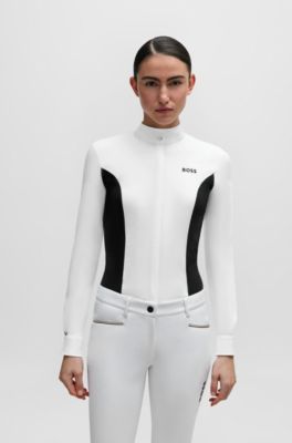 Equestrian show blouse with floral print and navy inserts, White