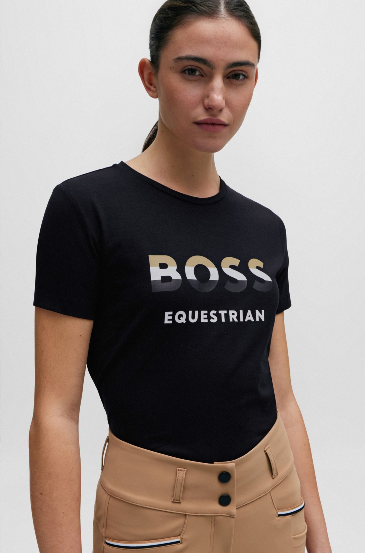 Equestrian stretch-cotton T-shirt with logo details, Black