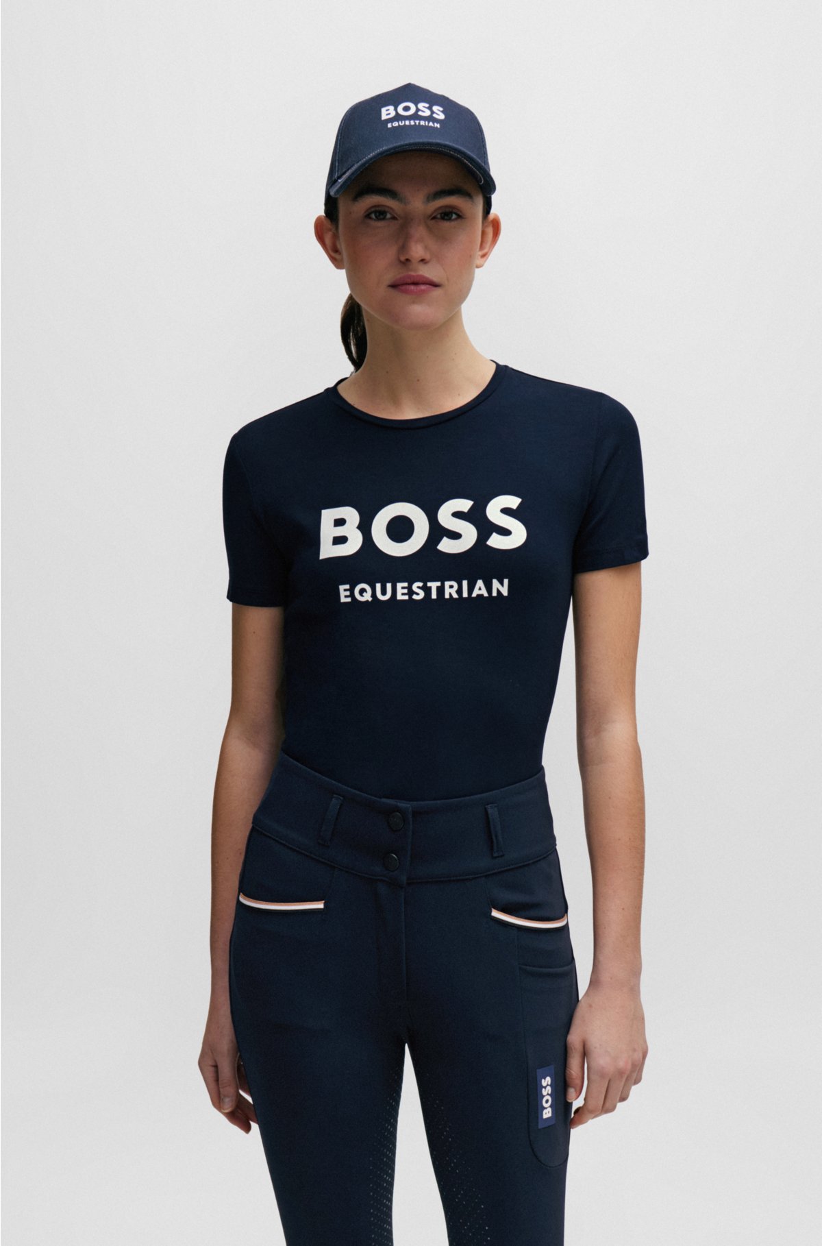 Equestrian stretch-cotton T-shirt with logo details, Dark Blue