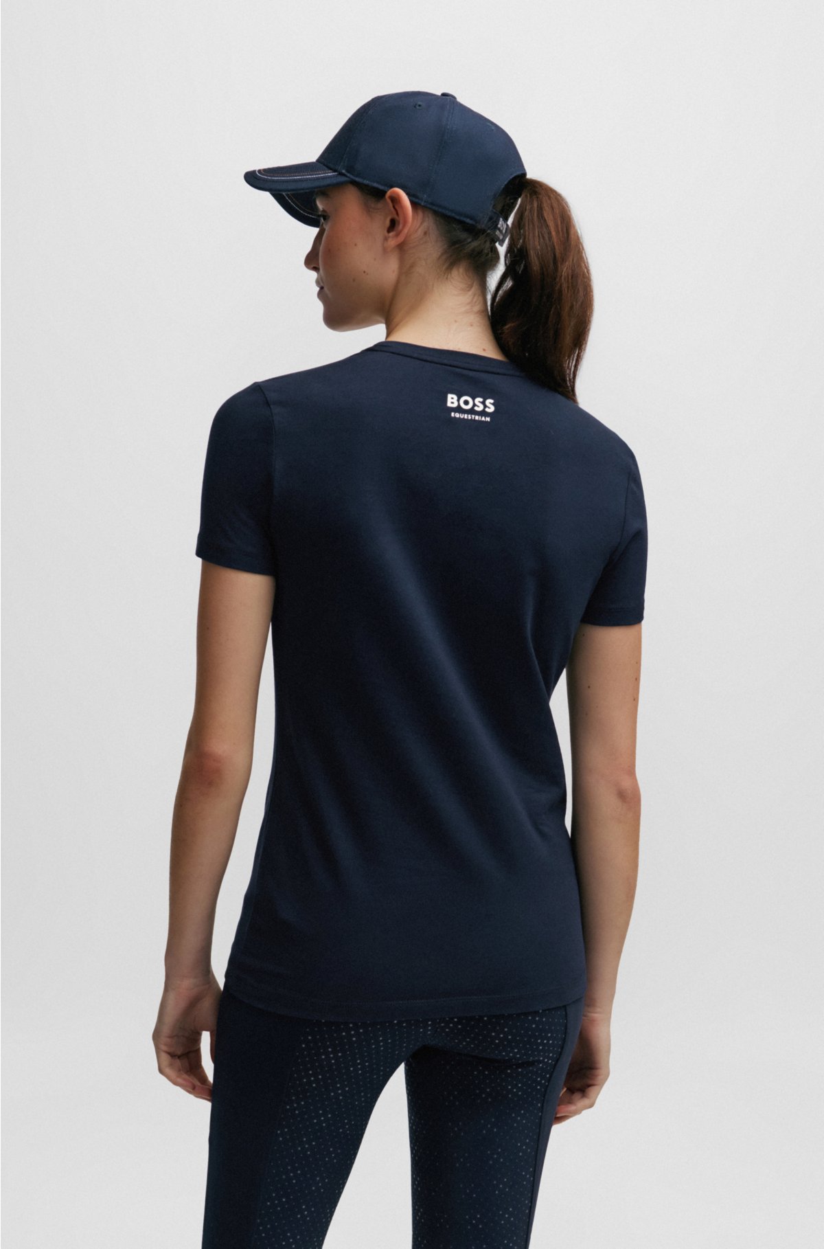 Equestrian stretch-cotton T-shirt with logo details, Dark Blue