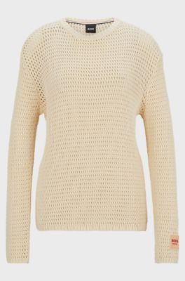 Equestrian cotton sweater with silicone logo patch, Light Beige