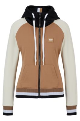 Felpa con cappuccio da equitazione con zip, toppa con logo e blocchi di colore, Beige