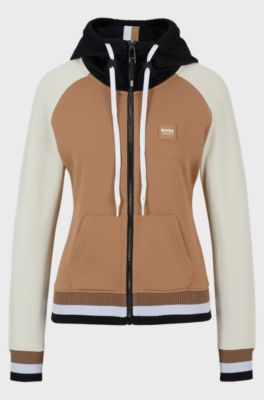 Equestrian zip-up colour-blocked hoodie with logo patch, Beige