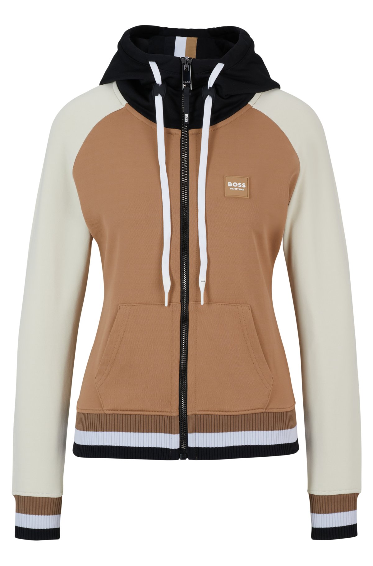 Equestrian zip-up colour-blocked hoodie with logo patch, Beige
