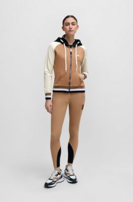 Sweat d&rsquo;&eacute;quitation color block zipp&eacute; avec capuche et patch logo, Beige
