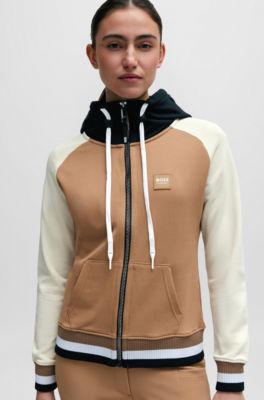 Sweat d&rsquo;&eacute;quitation color block zipp&eacute; avec capuche et patch logo, Beige