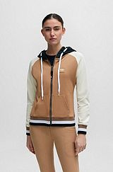 Equestrian zip-up colour-blocked hoodie with logo patch, Beige