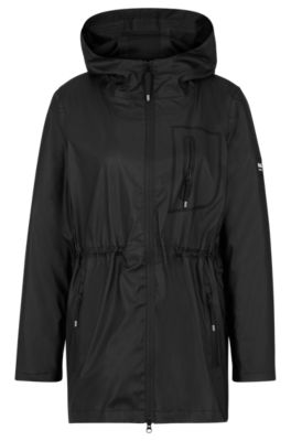 Equestrian hooded rain jacket with silicone logo patch, Black