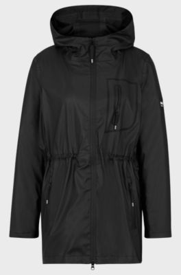 Equestrian hooded rain jacket with silicone logo patch, Black
