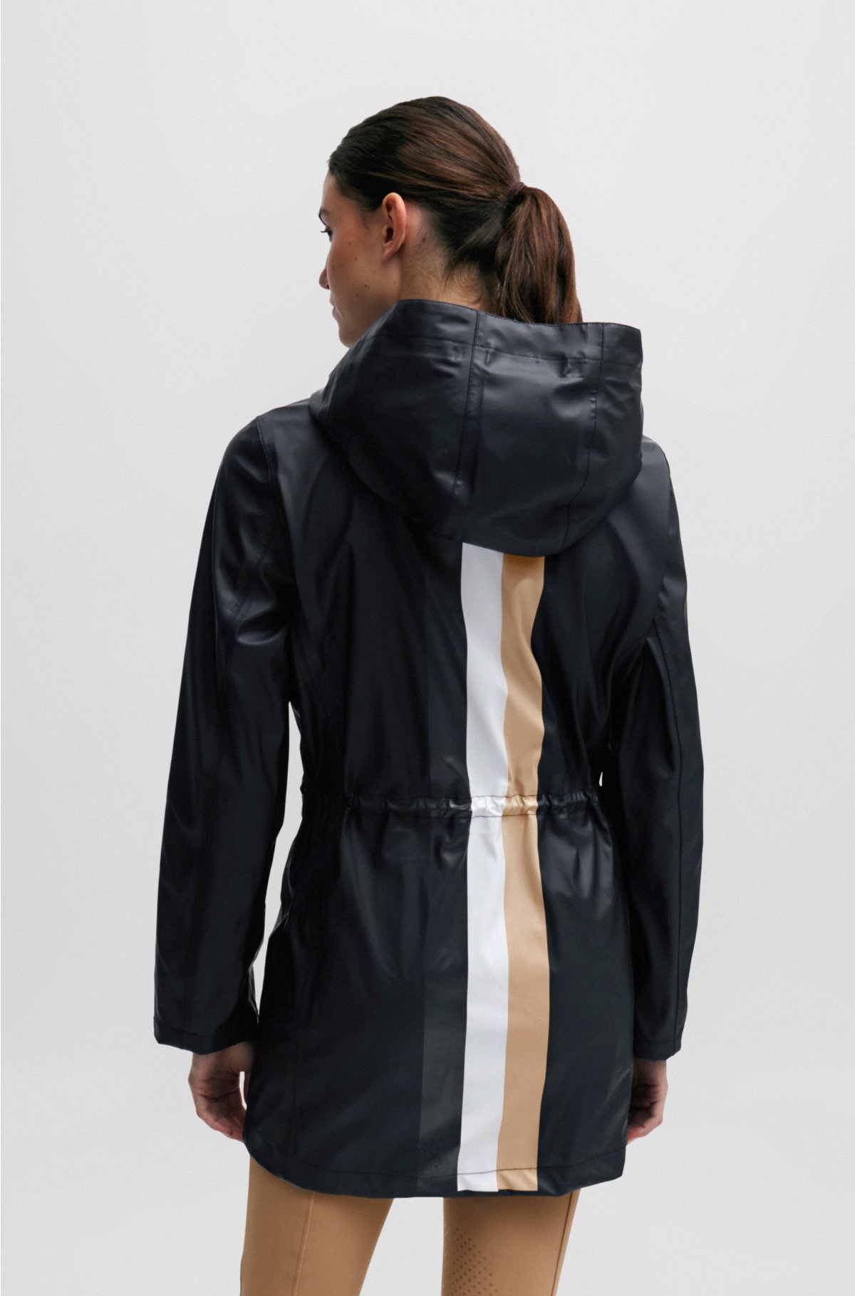 Equestrian hooded rain jacket with silicone logo patch, Black