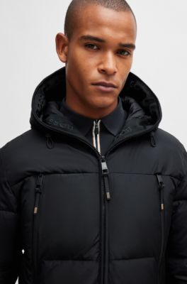 Equestrian hooded puffer jacket with fleece-lined pockets, Black