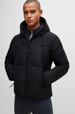 Equestrian hooded puffer jacket with fleece-lined pockets, Black