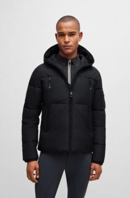 Equestrian hooded puffer jacket with fleece-lined pockets, Black