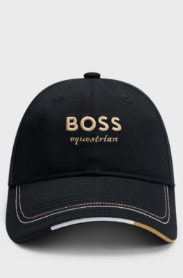 Equestrian embroidered-logo cap with leather strap, Black