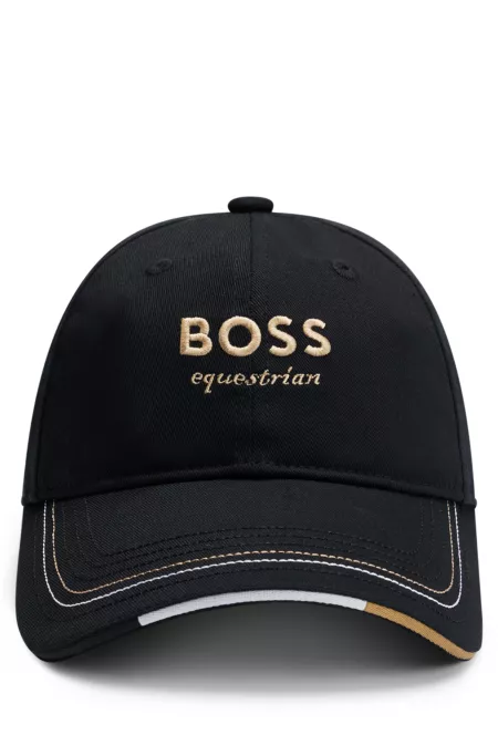 Equestrian embroidered-logo cap with leather strap