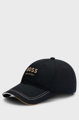 Equestrian embroidered-logo cap with leather strap, Black