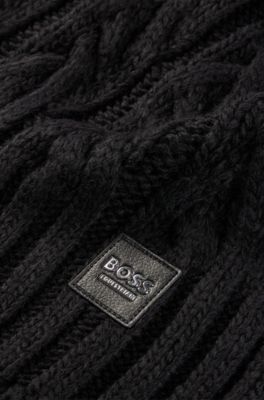 Equestrian cable-knit scarf with logo patch, Black