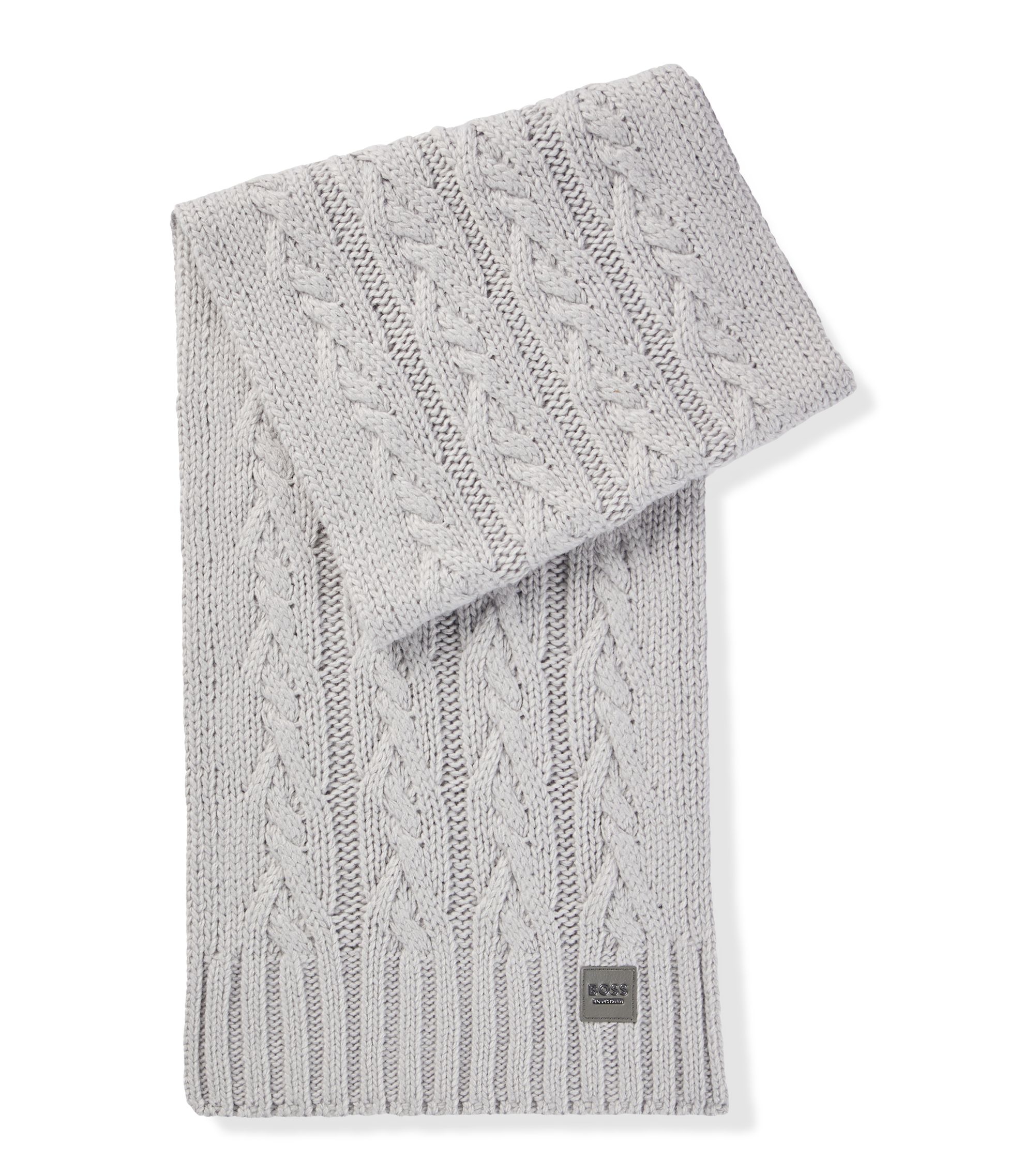 BOSS - Equestrian cable-knit scarf with logo patch - Light Grey