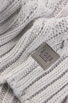 Equestrian cable-knit scarf with logo patch, Light Grey
