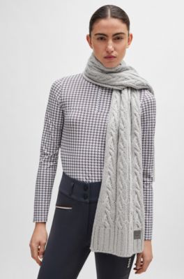 Equestrian cable-knit scarf with logo patch, Light Grey
