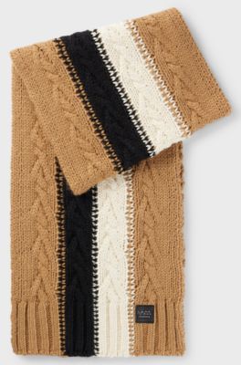 Equestrian cable-knit scarf with signature stripe, Beige
