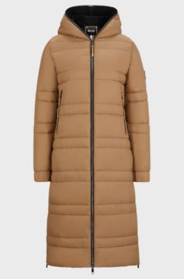 Equestrian long puffer jacket with side zips, Beige