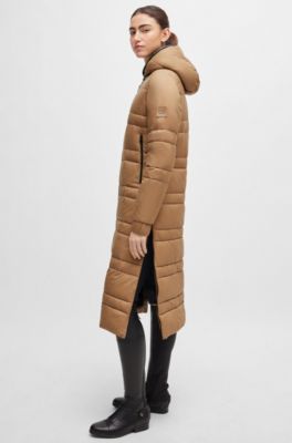 Equestrian long puffer jacket with side zips, Beige